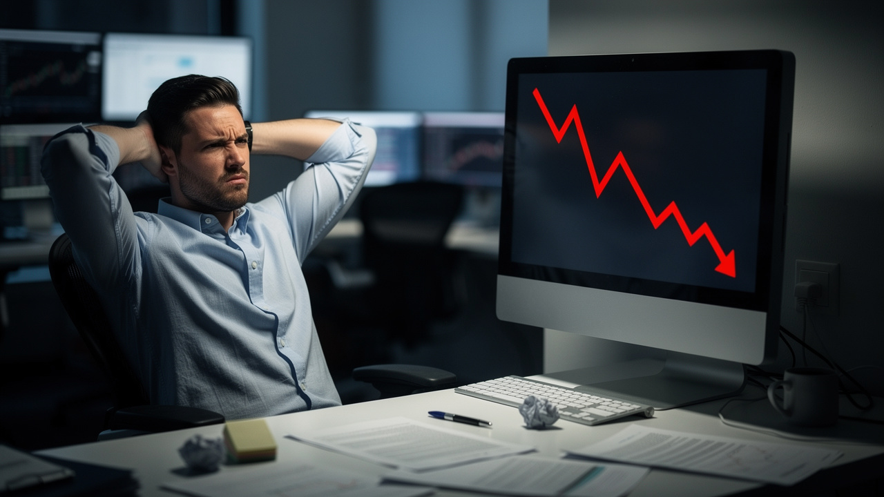 Trader frustrato davanti a grafico in perdita su monitor