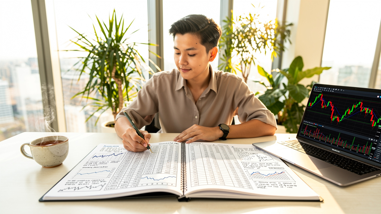 Professionista studia metodo di trading con diario operativo