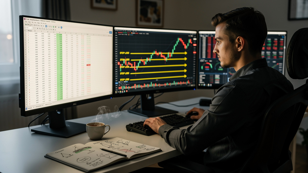 Professionista gestisce il rischio con stop loss su livelli chiave