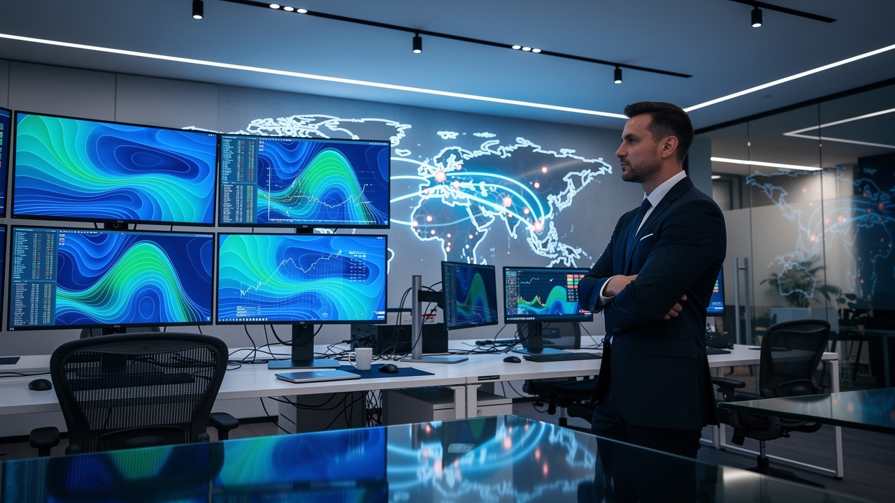 Sala trading con schermi di dati economici globali e previsione criptovalute