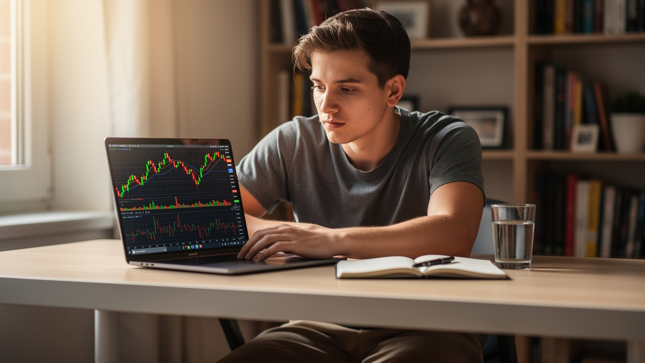 Giovane principiante studia grafici finanziari su laptop per trading demo